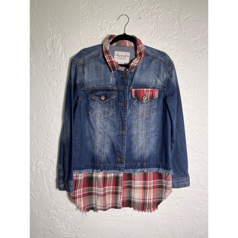American Rag Cie Denim Plaid Shacket Jacket Women's M Raw Hem Distressed Layered